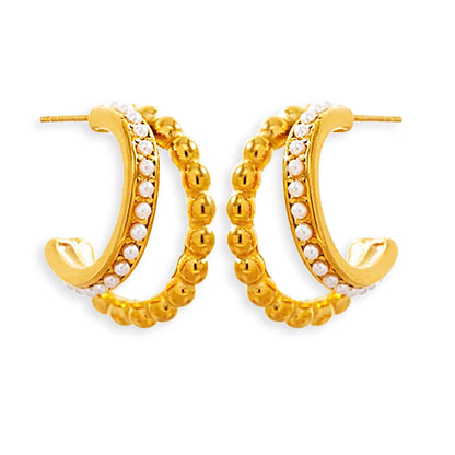 Pearl and Beads Half Hoop Stud Earrings, 18K Gold plated