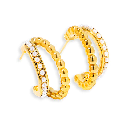 Pearl and Beads Half Hoop Stud Earrings, 18K Gold plated