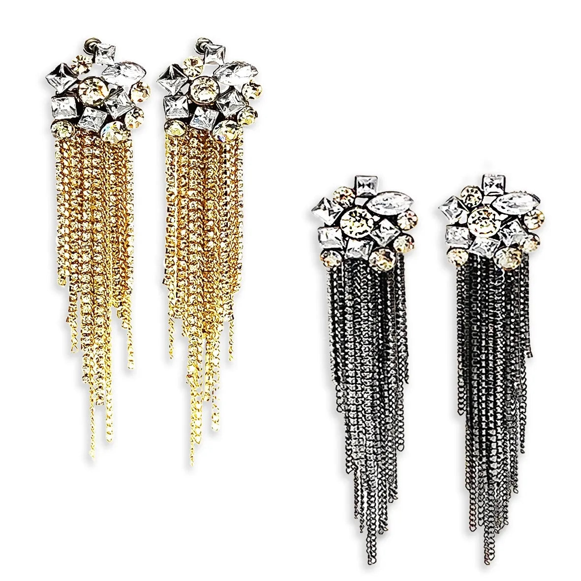 Floral Cubic Zirconia, Rhinestone Tassel Earrings