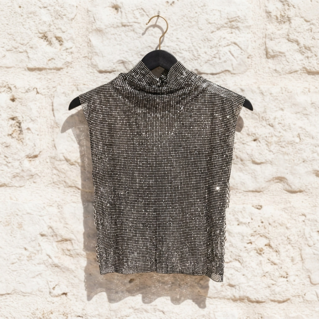 Rhinestone Sleeveless Vest - Black