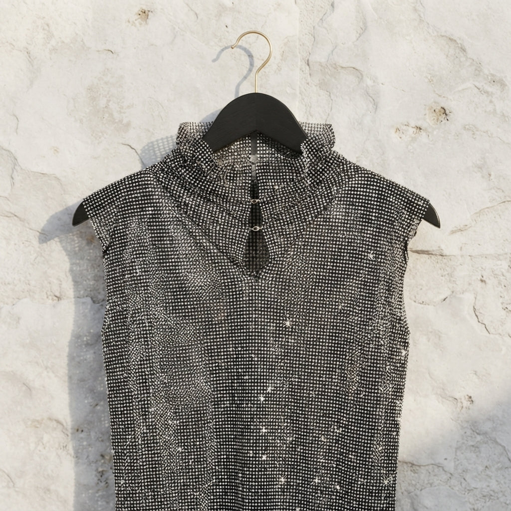 Rhinestone Sleeveless Vest - Black