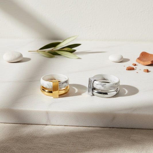 Marble-Pattern & Band Ring Stack