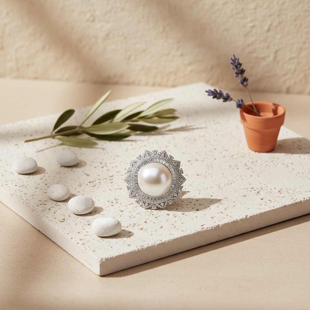 Shell Pearl, 5A CZ Baguettes Ring