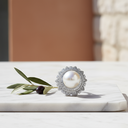 Shell Pearl, 5A CZ Baguettes Ring
