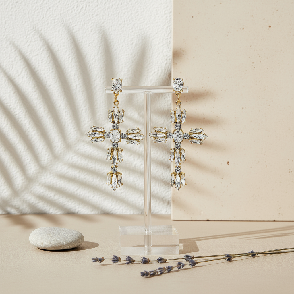 Crystal cross drop earrings - clear