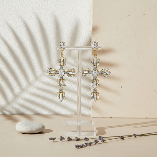 Crystal cross drop earrings - clear