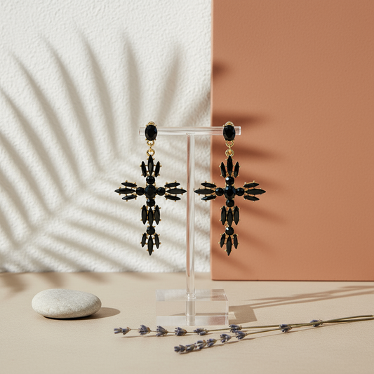 Crystal cross drop earrings - black