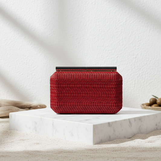Woven Cotton Vegan Leather Clutch - Red