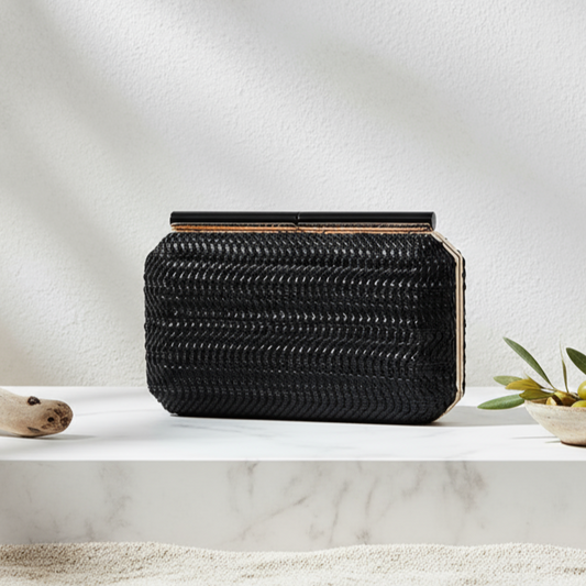 Woven Cotton Vegan Leather Clutch - Black