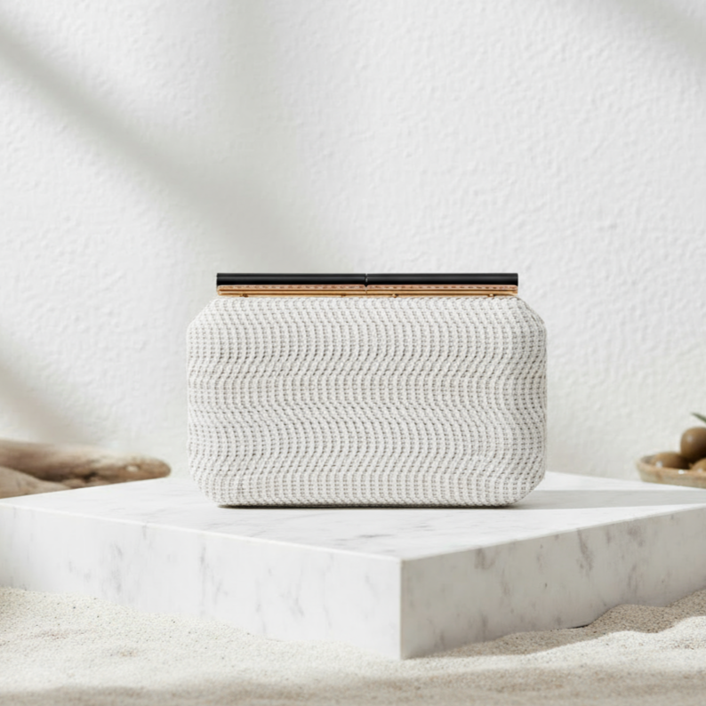 Woven Cotton Vegan Leather Clutch - Creme