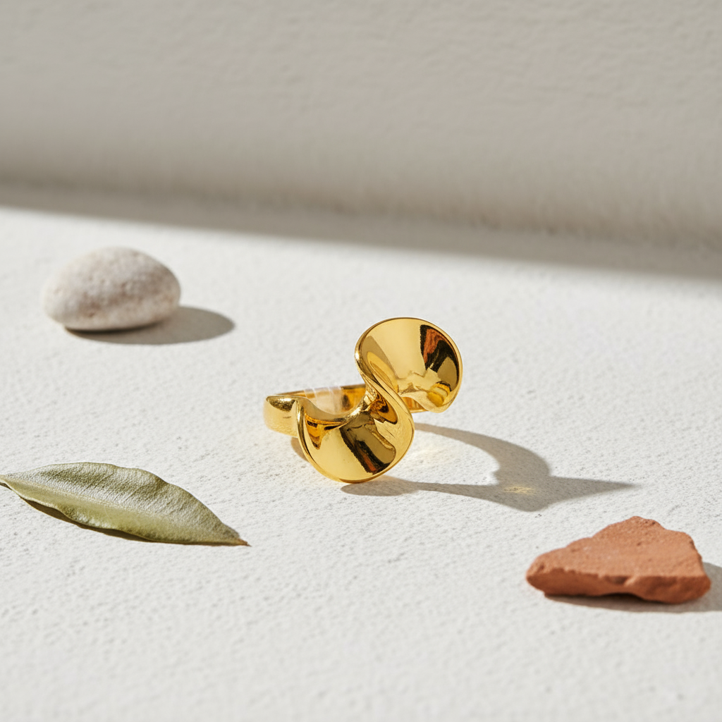 Steel Wave Ring, 18K Gold Pl