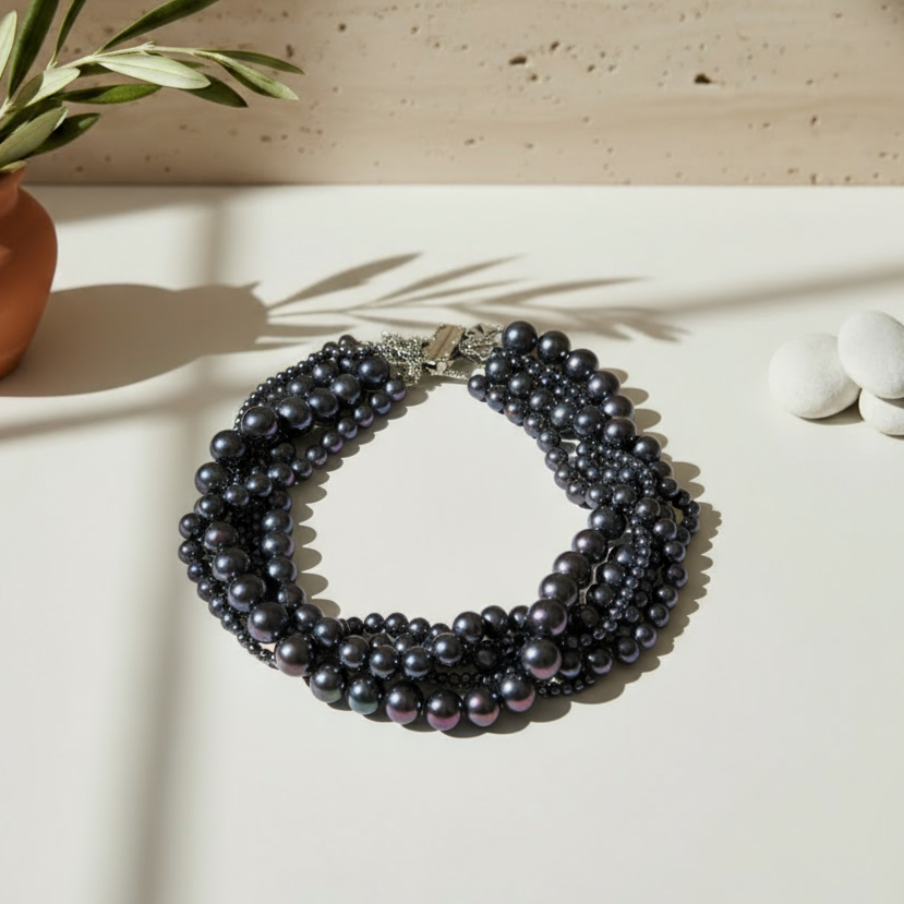 100% Real Shell Pearl Bead Choker - Peacock Black