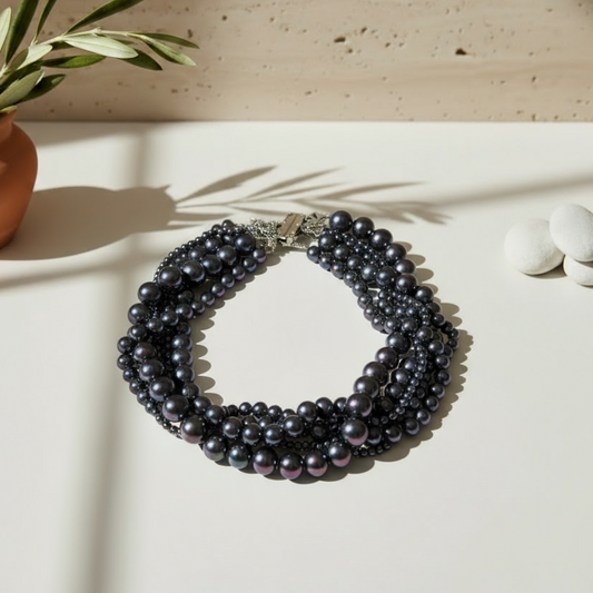 100% Real Shell Pearl Bead Choker - Peacock Black