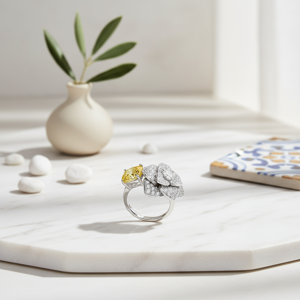 Floral 5A CZ Ring, 100% Sterling Silver, Gold Plated, Yellow
