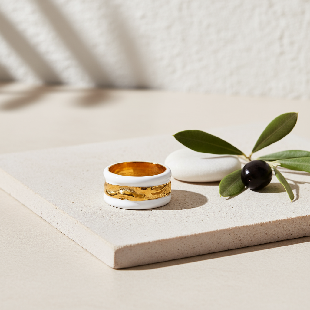 Round White Resin Frame Gold Ring